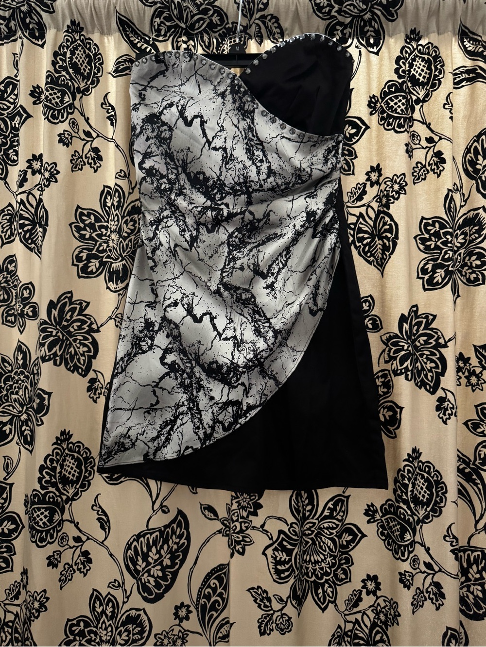 Divided Strapless Black and Silver Marble Overlay Dress